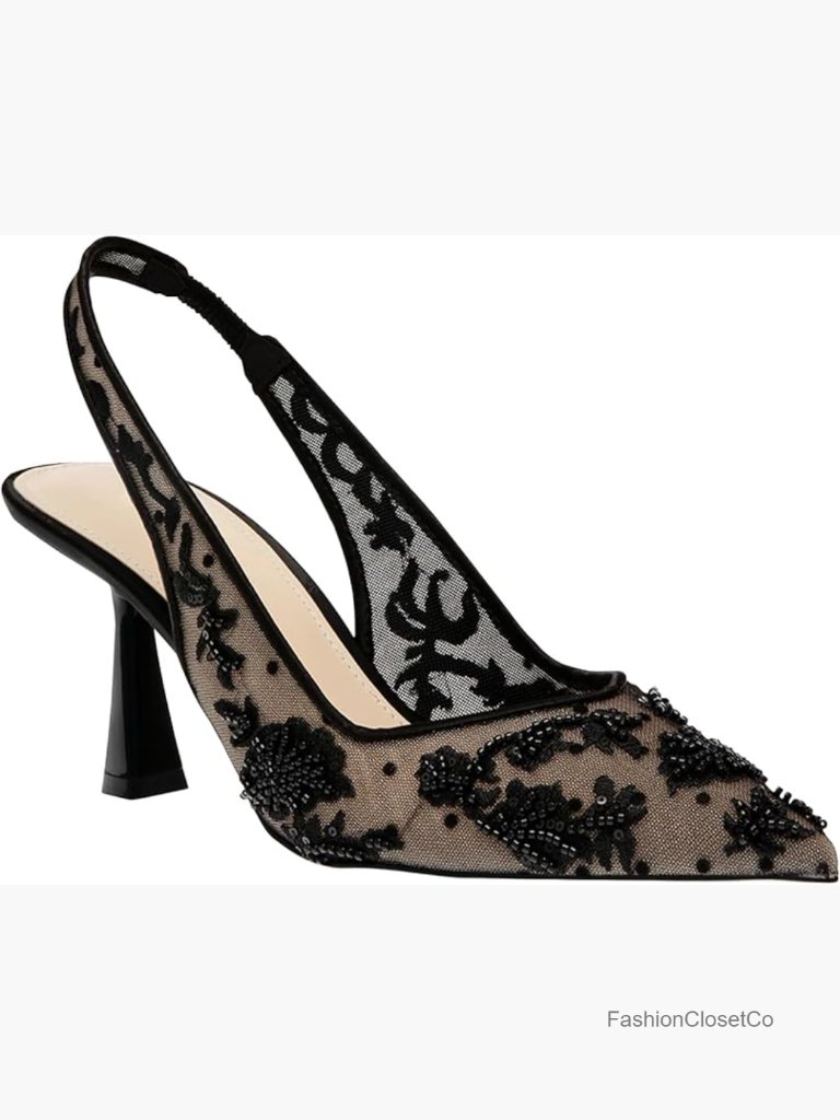 Mesh Beaded Sequins Embroidered Pointed Toe Slingback Kitten Heels Pumps